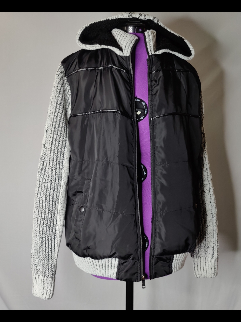 Men's Black Puffer Jacket with Gray Knit Sleeves and Hood